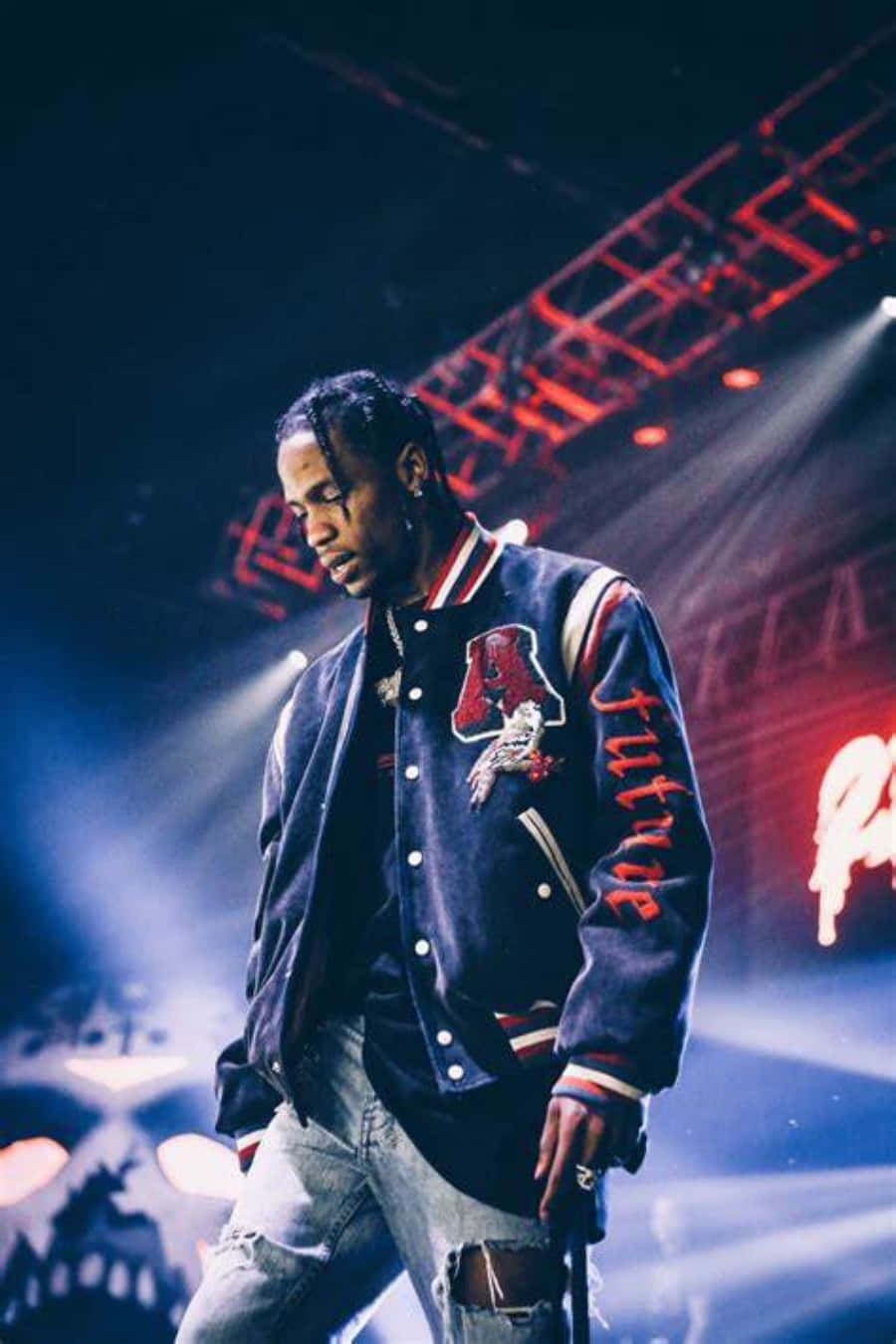 Travis Scott, navy varsity jacket, dimly lit stage, HD Phone Wallpaper