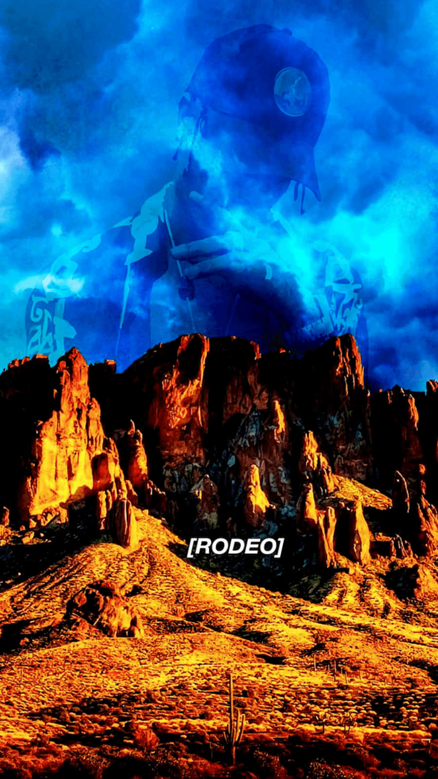 Travis Scott iPhone, ghostly blue cowboy figure, sunlit desert canyon, HD Phone Wallpaper