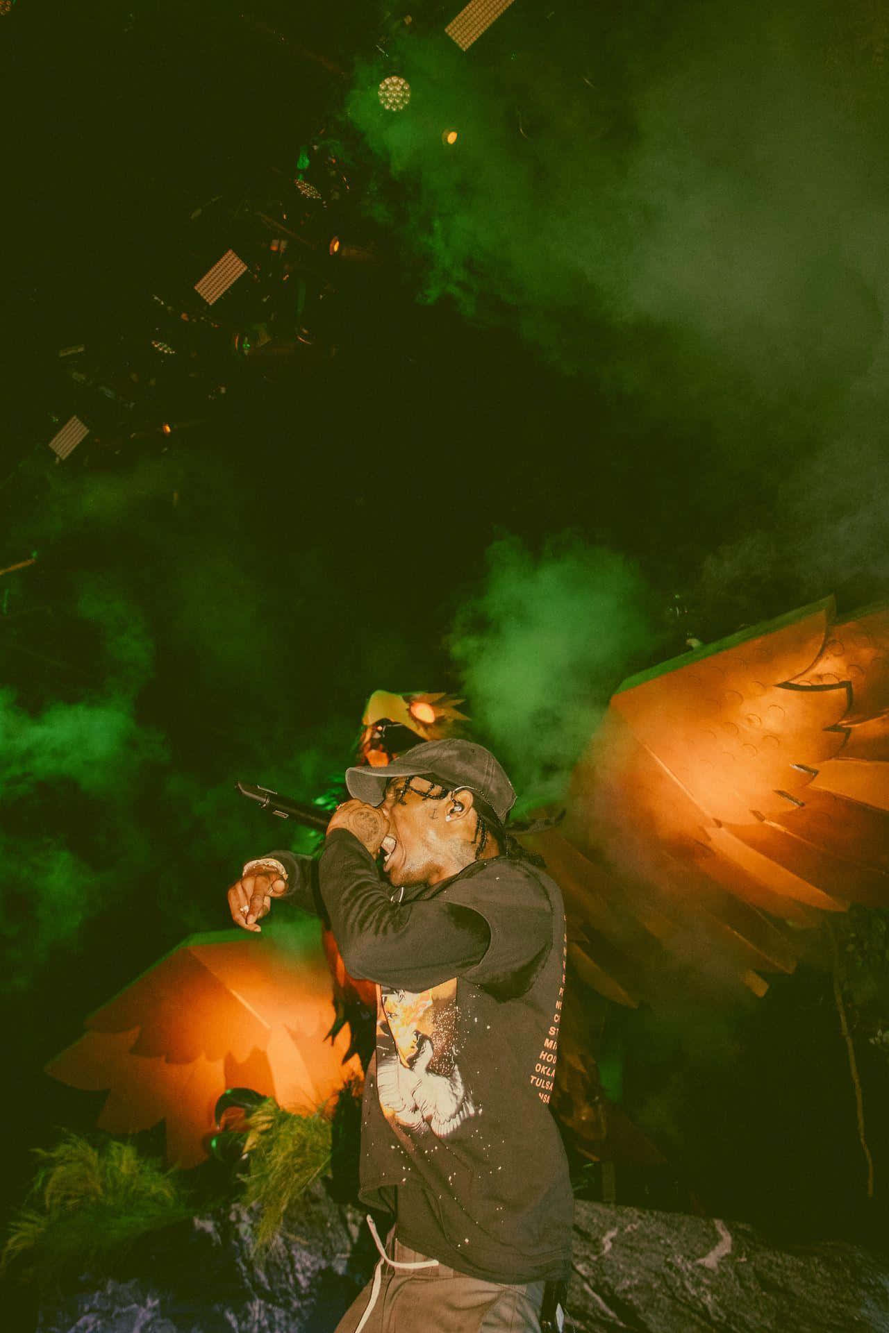 Travis Scott, green and orange lights, smoke, Full HD Phone Wallpaper