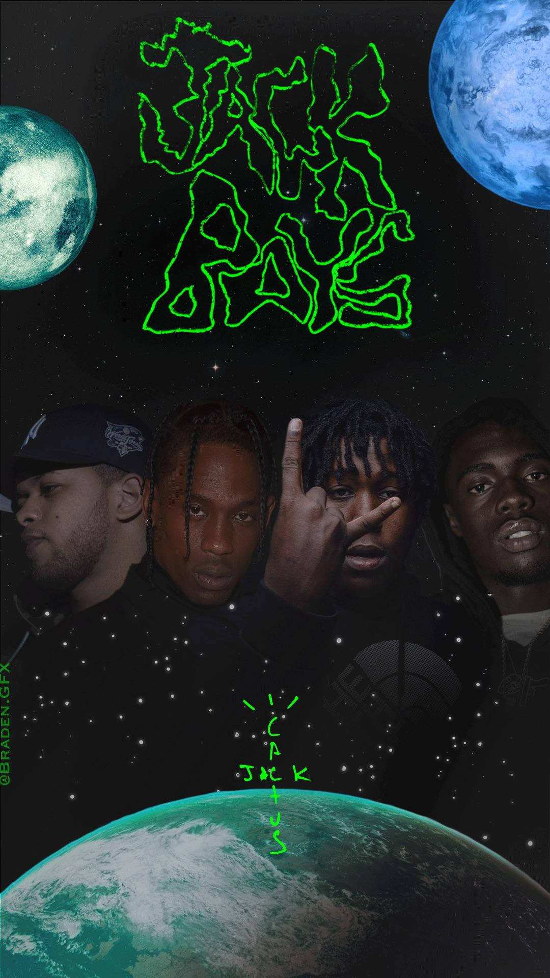 Travis Scott Jack Boys, cosmic backdrop, glowing green text, Full HD Phone Wallpaper