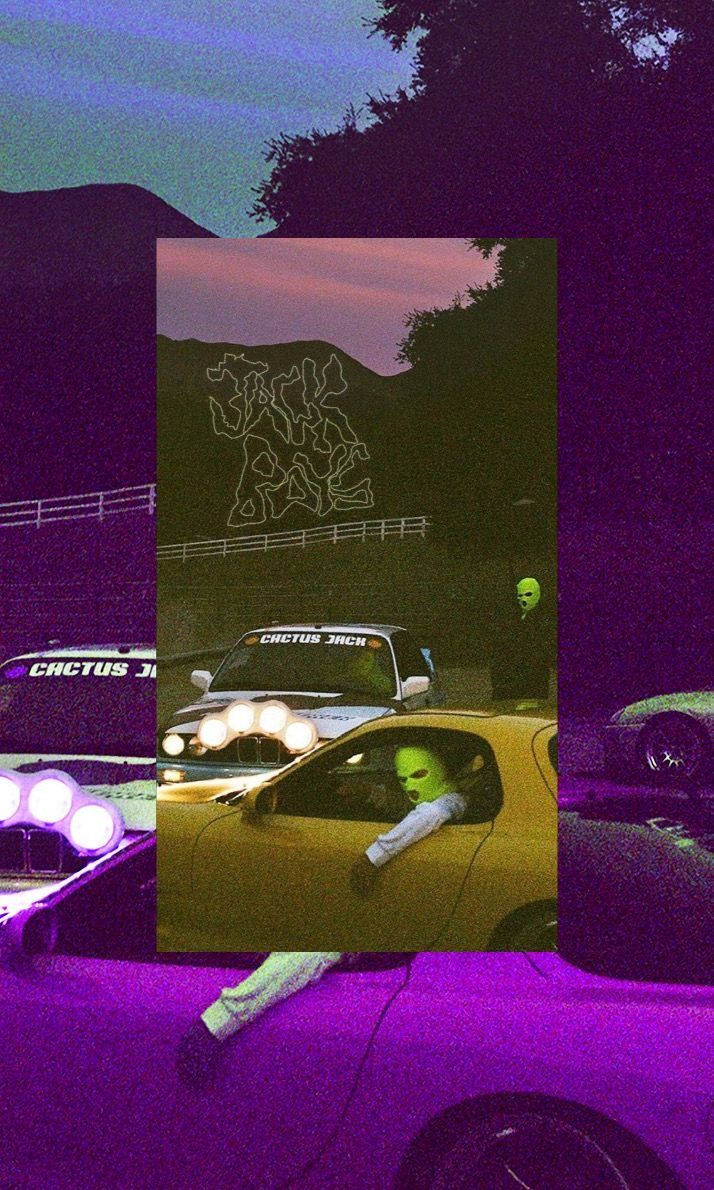 Travis Scott Jack Boys, neon-lit cars, green-masked figures, SD Phone Wallpaper