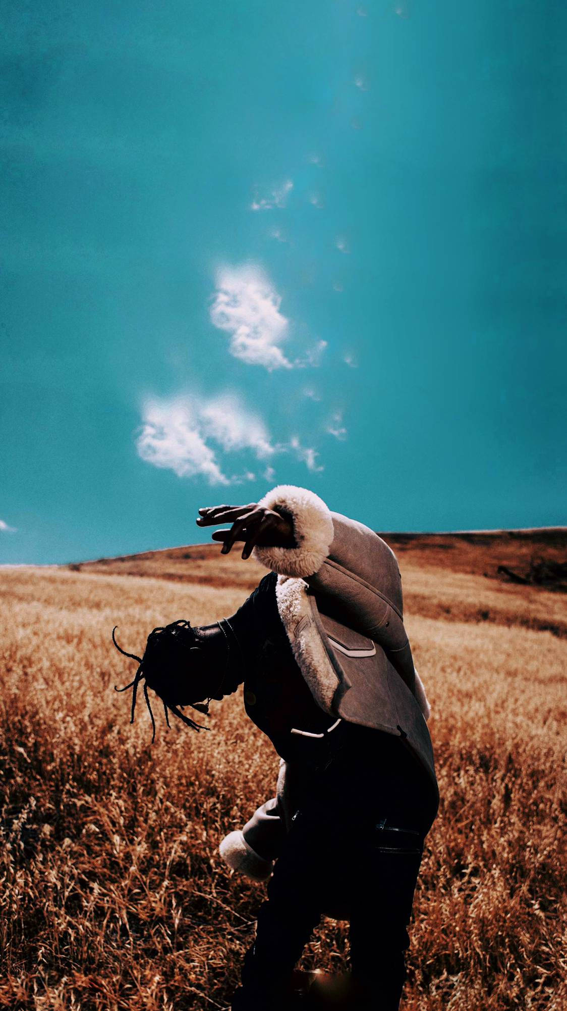 Travis Scott Jack Boys, golden field, vibrant teal sky, Full HD Phone Wallpaper