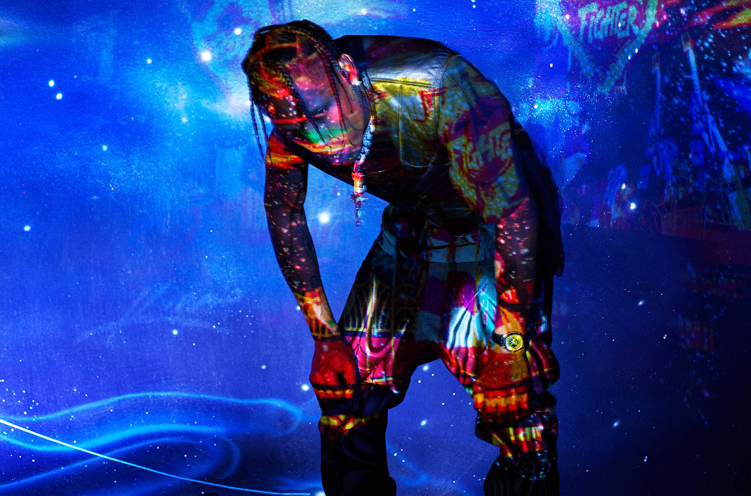 Travis Scott Jack Boys, cosmic light projections, starry blue stage, HD Desktop Wallpaper