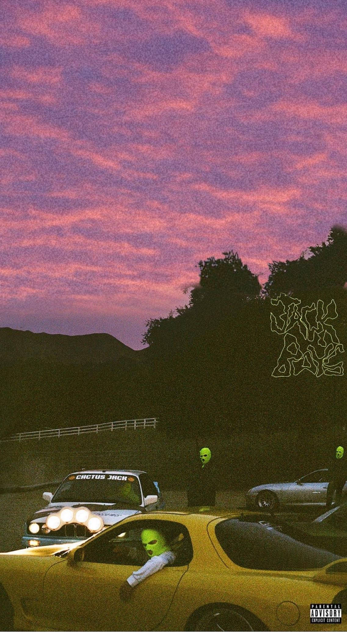 Travis Scott Jack Boys, glowing green masked figures, sports cars, Full HD Phone Wallpaper