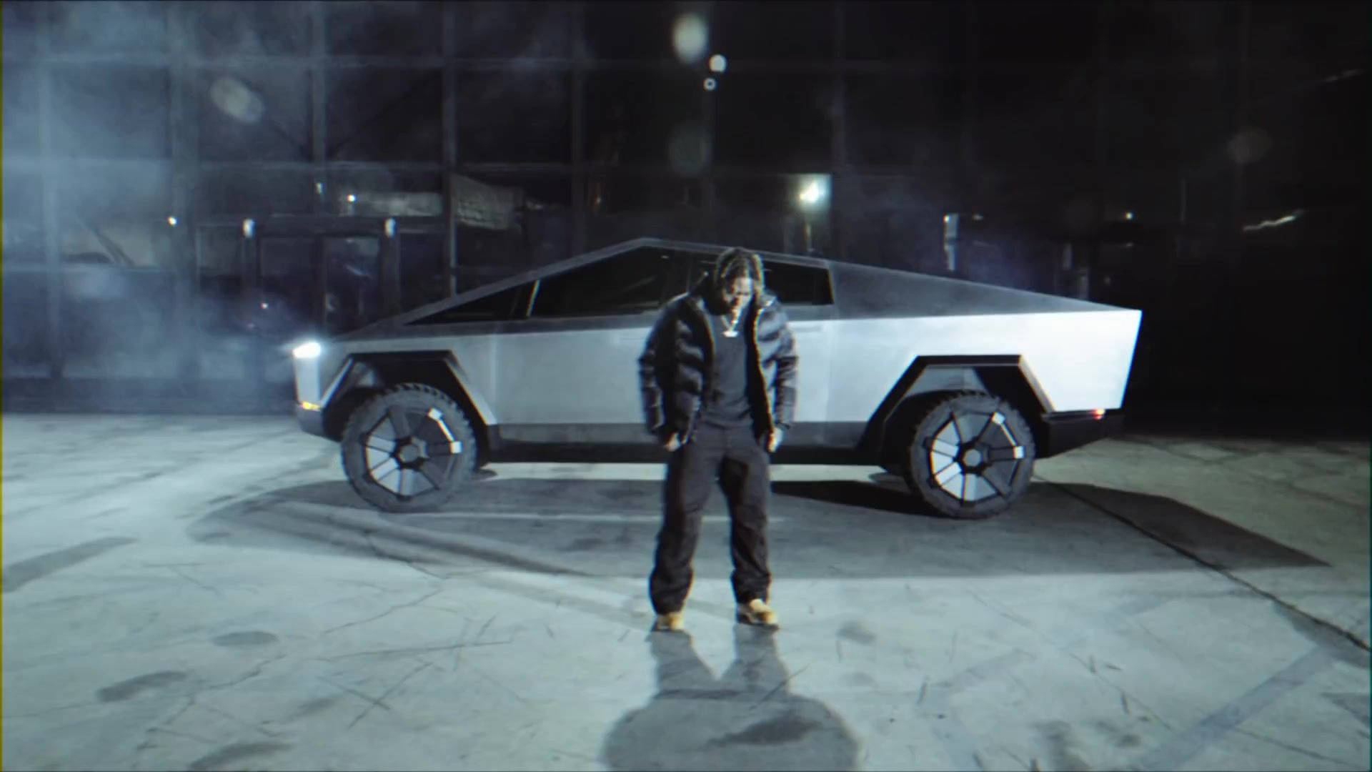 Travis Scott Jack Boys, futuristic silver Tesla Cybertruck, dramatic nighttime lighting, Full HD Desktop Wallpaper
