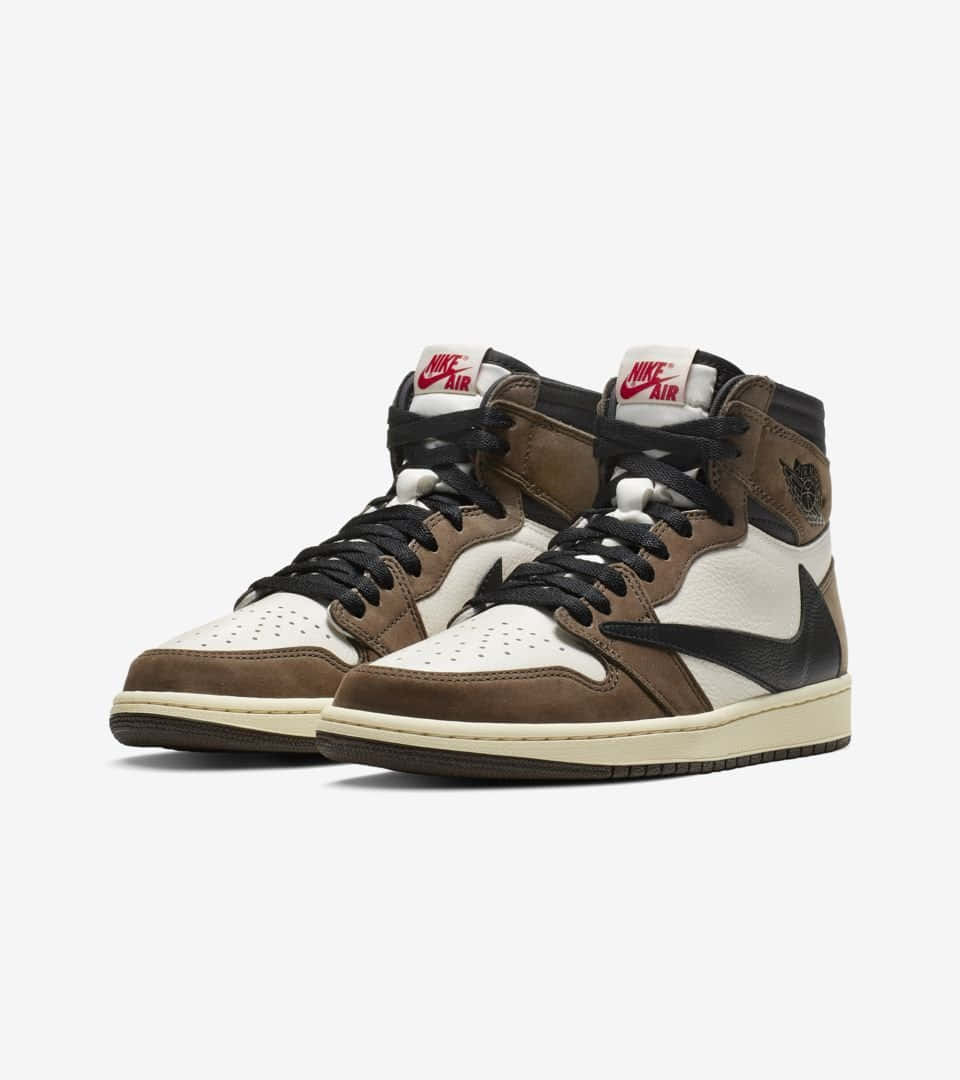 Travis Scott Jordan 1, brown white and black, red Nike Air branding, SD Phone Wallpaper
