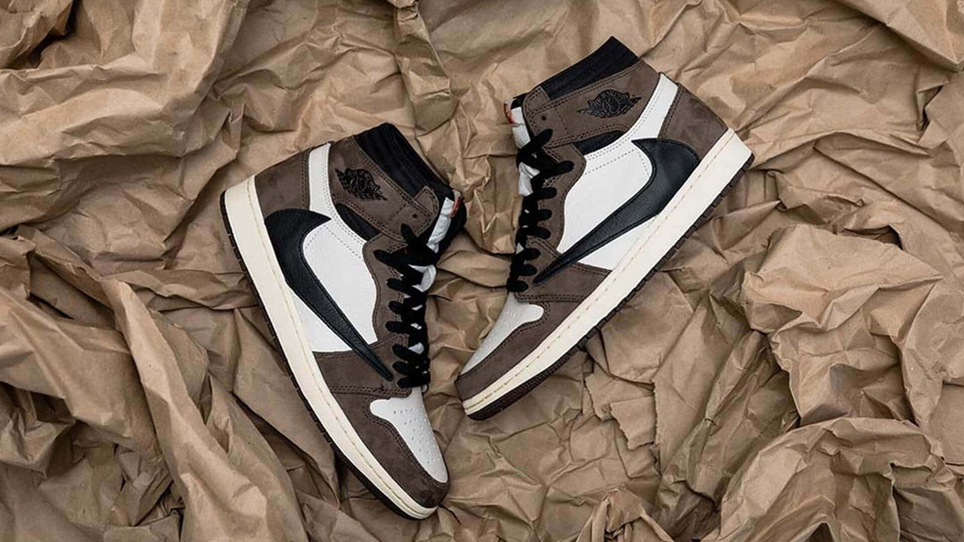 Travis Scott Jordan 1, brown white and black high-top sneakers, crumpled brown paper, Full HD Desktop Wallpaper