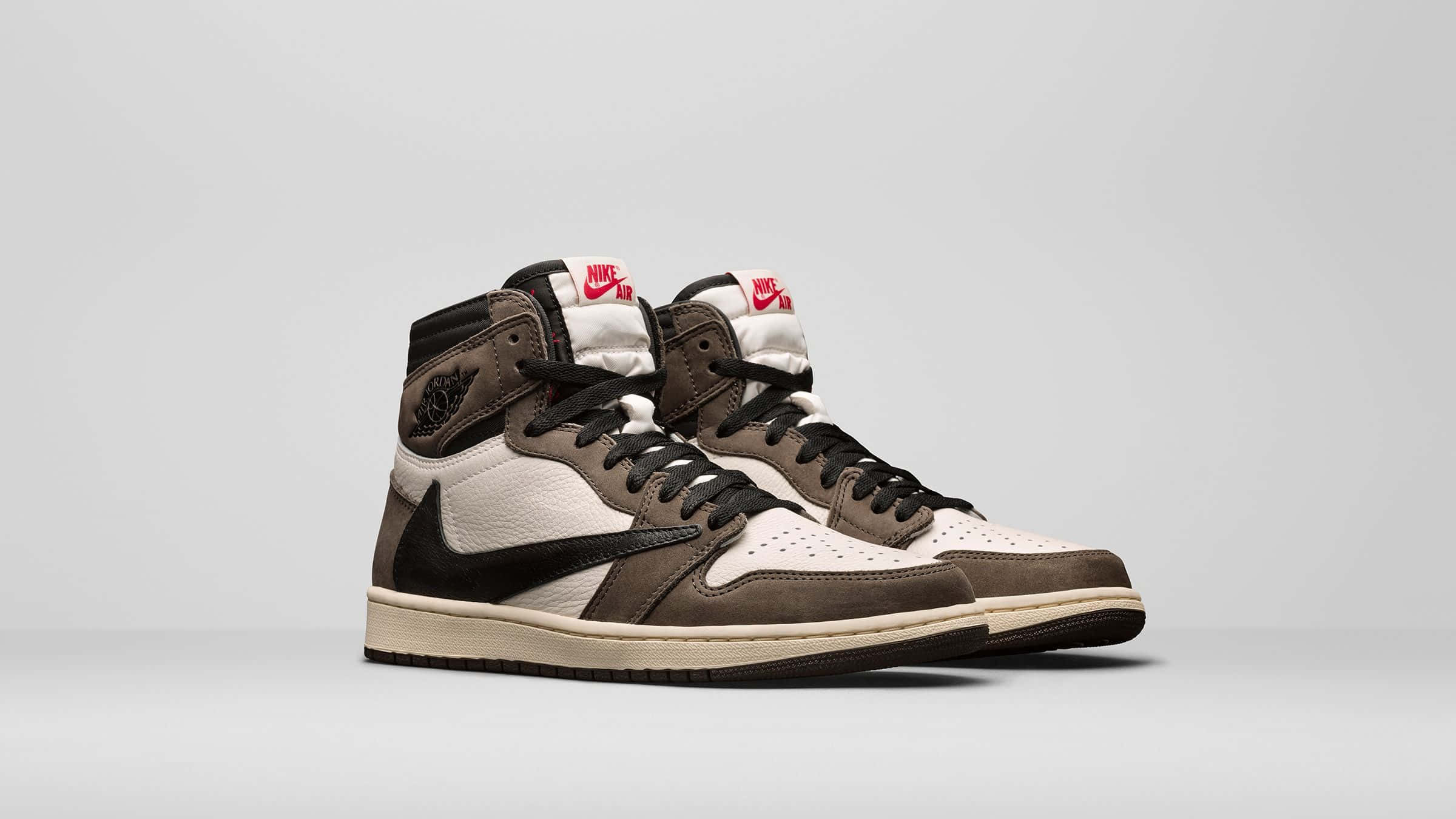 Travis Scott Jordan 1, brown and white high-top sneakers, black laces, Full HD Desktop Wallpaper