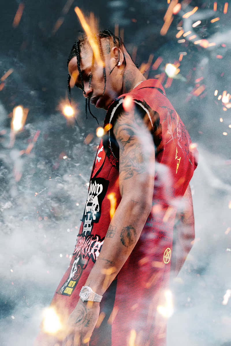 Travis Scott, sparkling performance, red basketball jersey, SD Phone Wallpaper