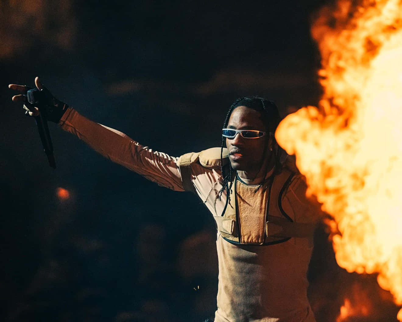Travis Scott, fire backdrop, sunglasses, HD Desktop Wallpaper
