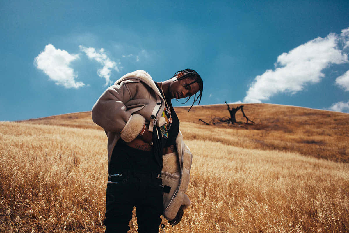 Travis Scott, golden field, beige shearling jacket, SD Desktop Wallpaper