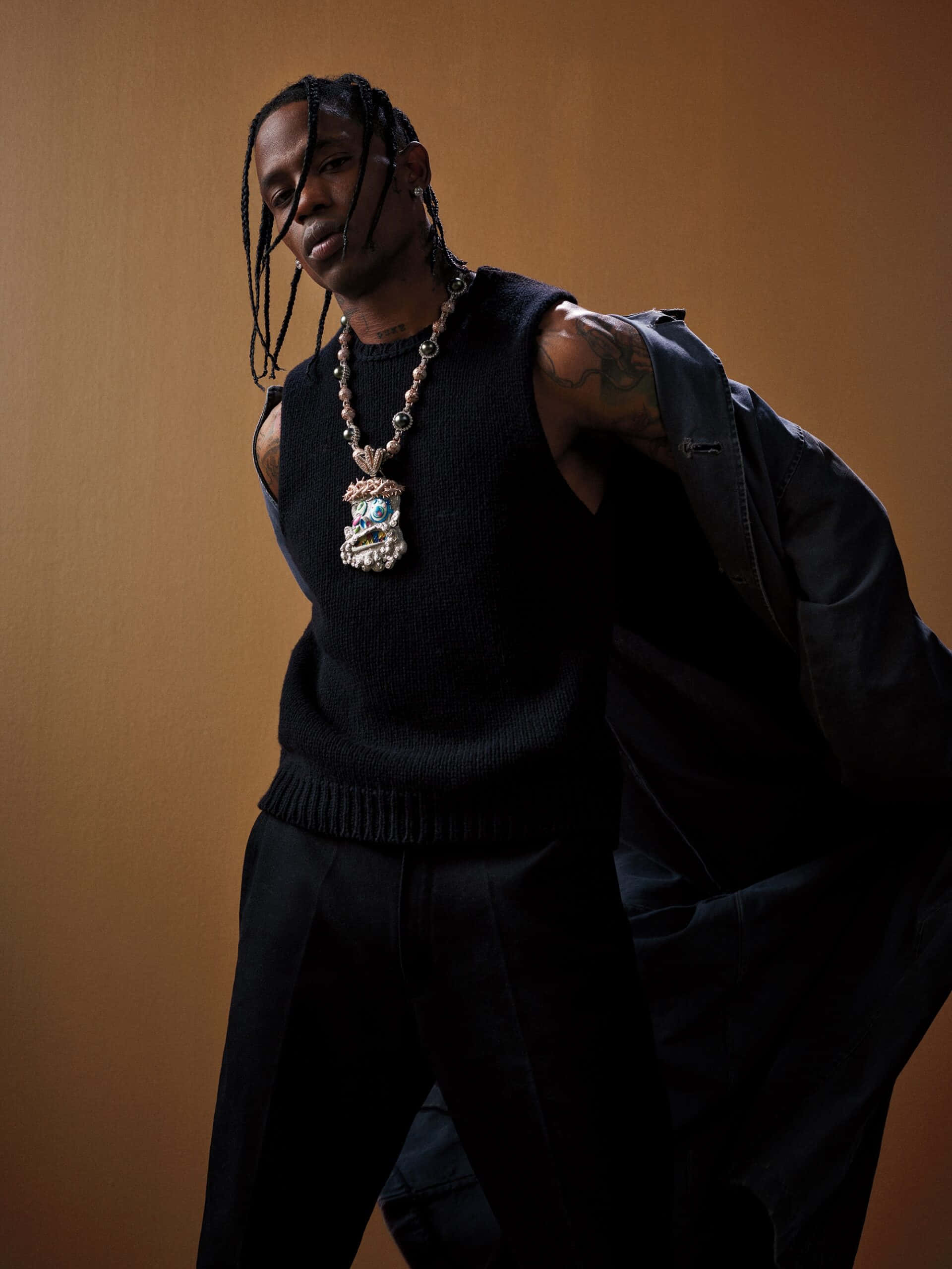 Travis Scott, braided hair, black sleeveless sweater, 2K Phone Wallpaper