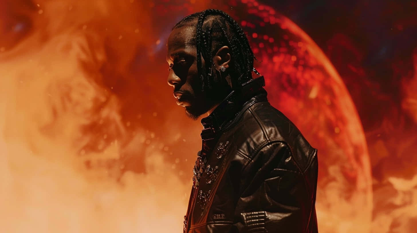 Travis Scott Utopia, black leather jacket, fiery orange and red cosmic backdrop, HD Desktop Wallpaper
