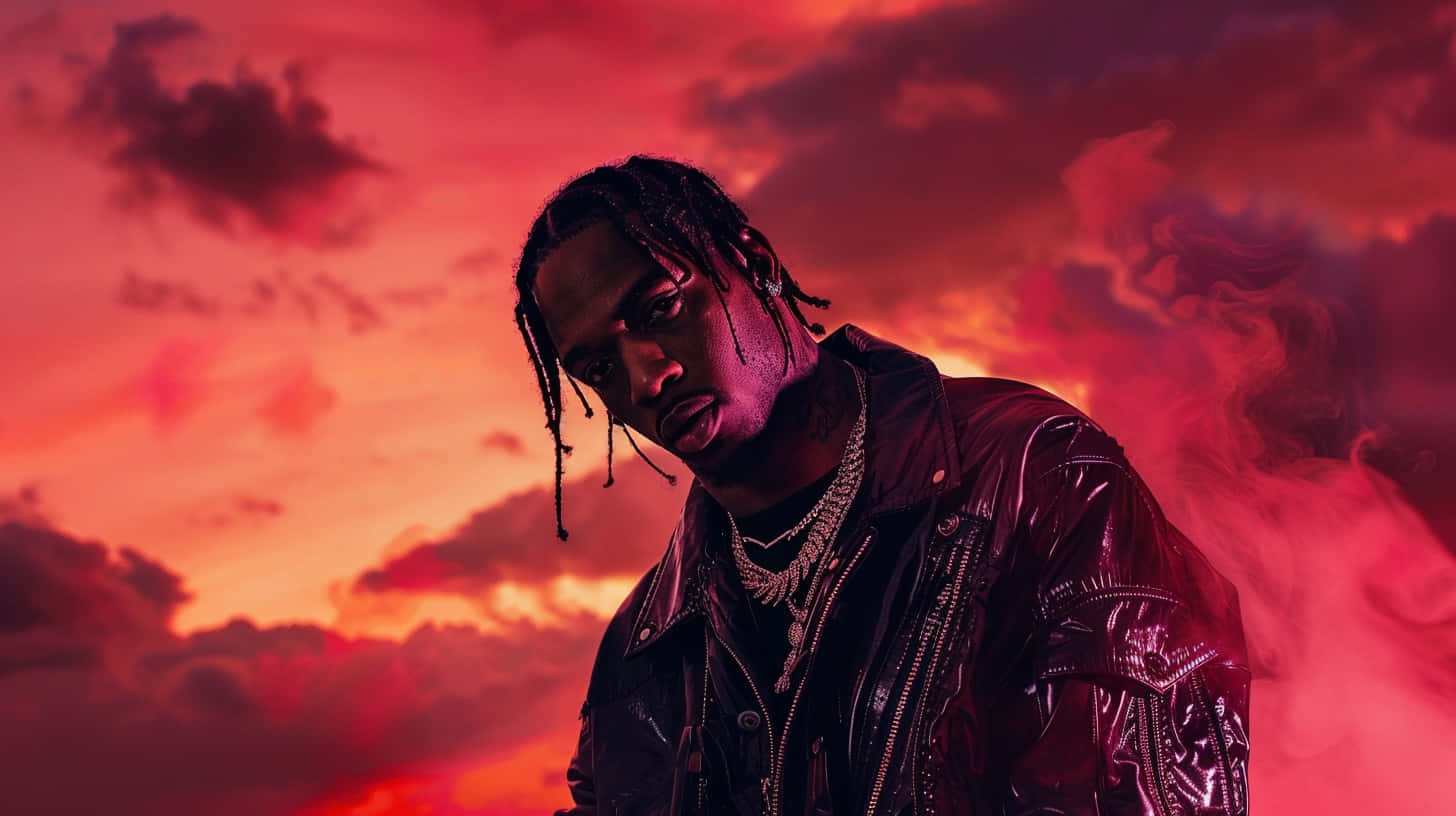 Travis Scott Utopia, fiery red and orange sunset sky, shiny black jacket, HD Desktop Wallpaper