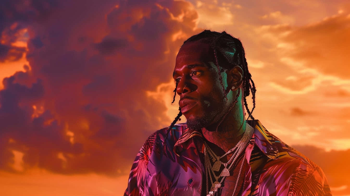 Travis Scott, sunset silhouette, fiery orange and purple sunset sky, HD Desktop Wallpaper