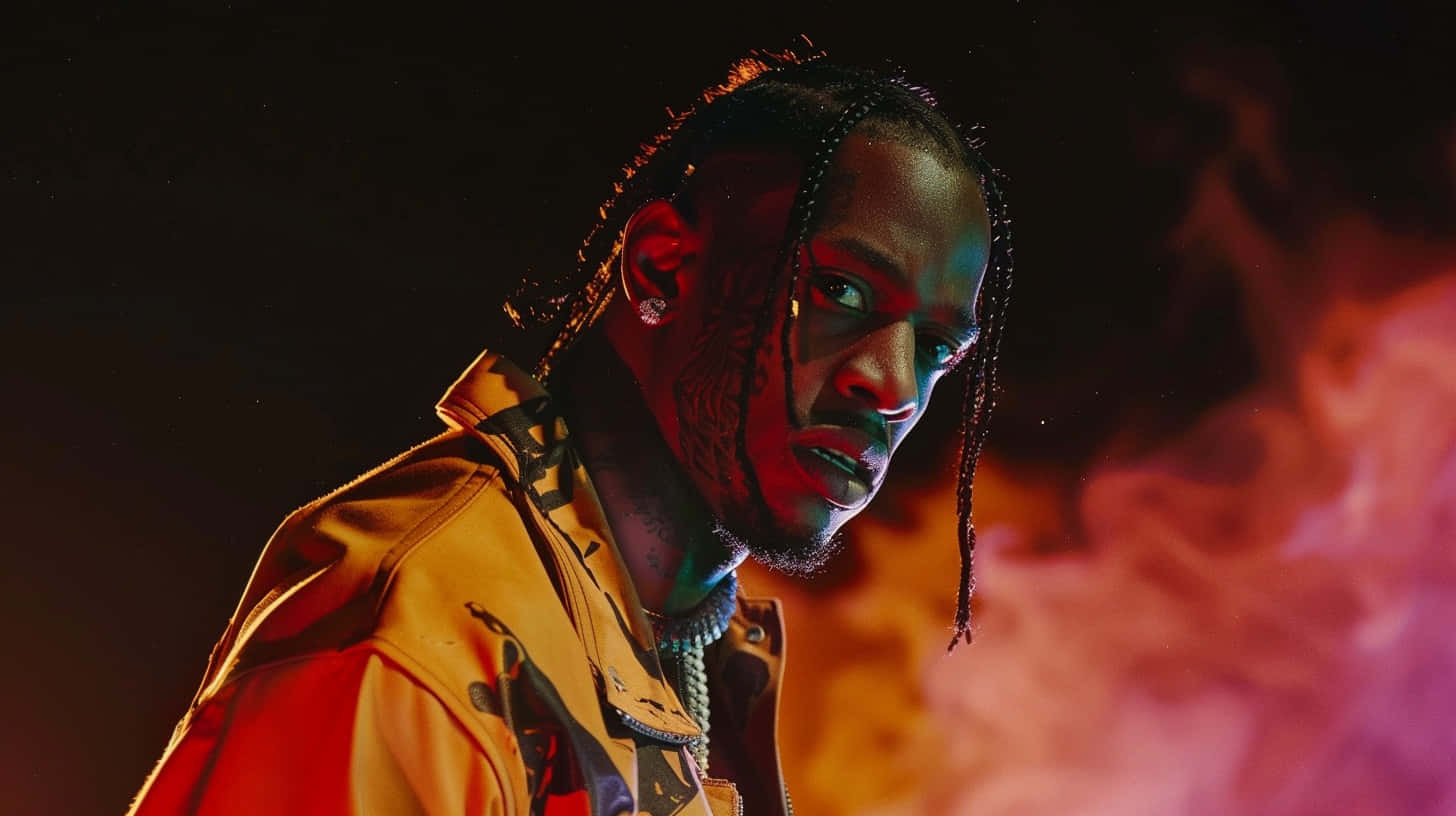 Travis Scott, gold jacket, smoky backdrop, HD Desktop Wallpaper