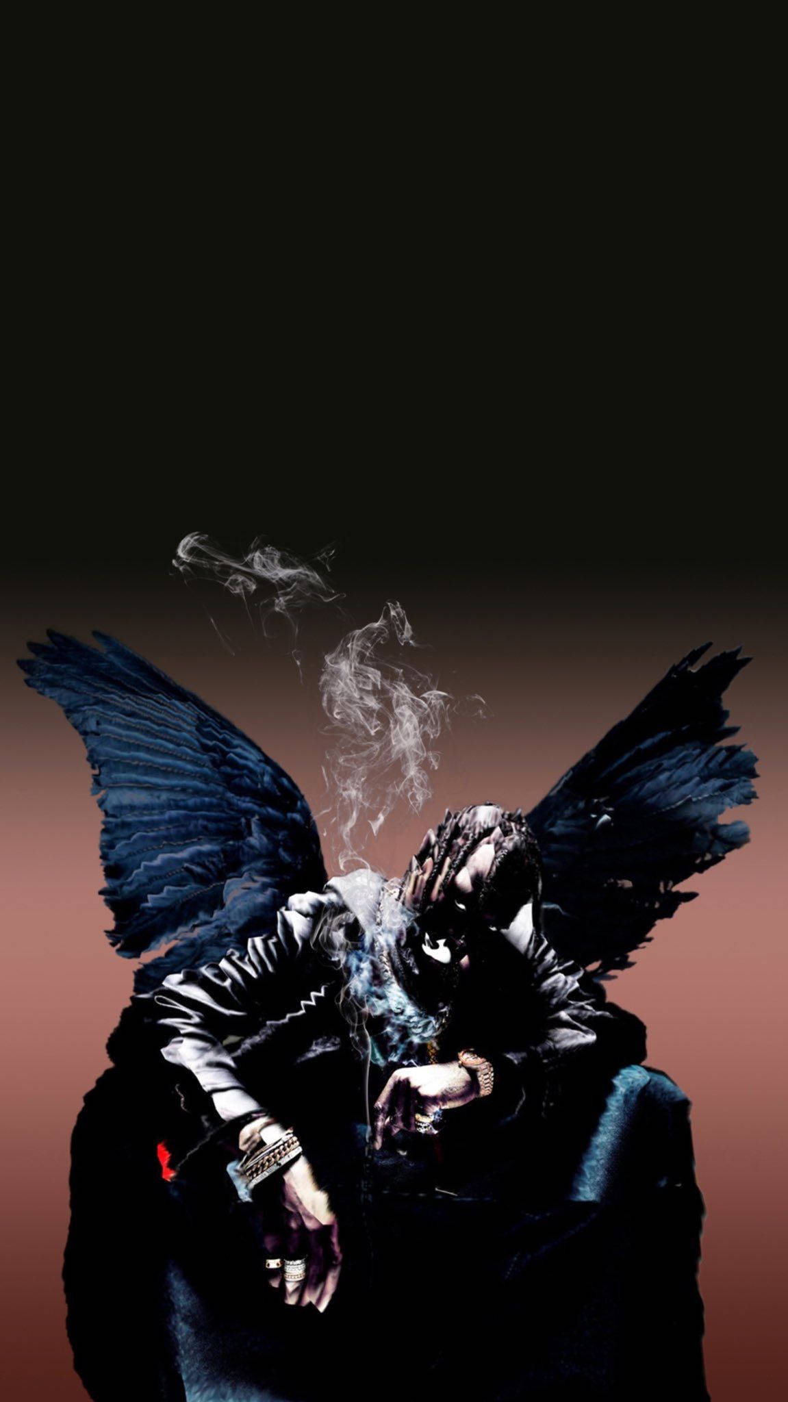 Travis Scott, dark-winged figure, smoke rising, Full HD Phone Wallpaper