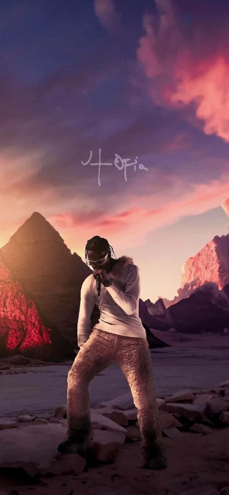 Travis Scott Utopia, white hoodie, patterned pants, Full HD Phone Wallpaper