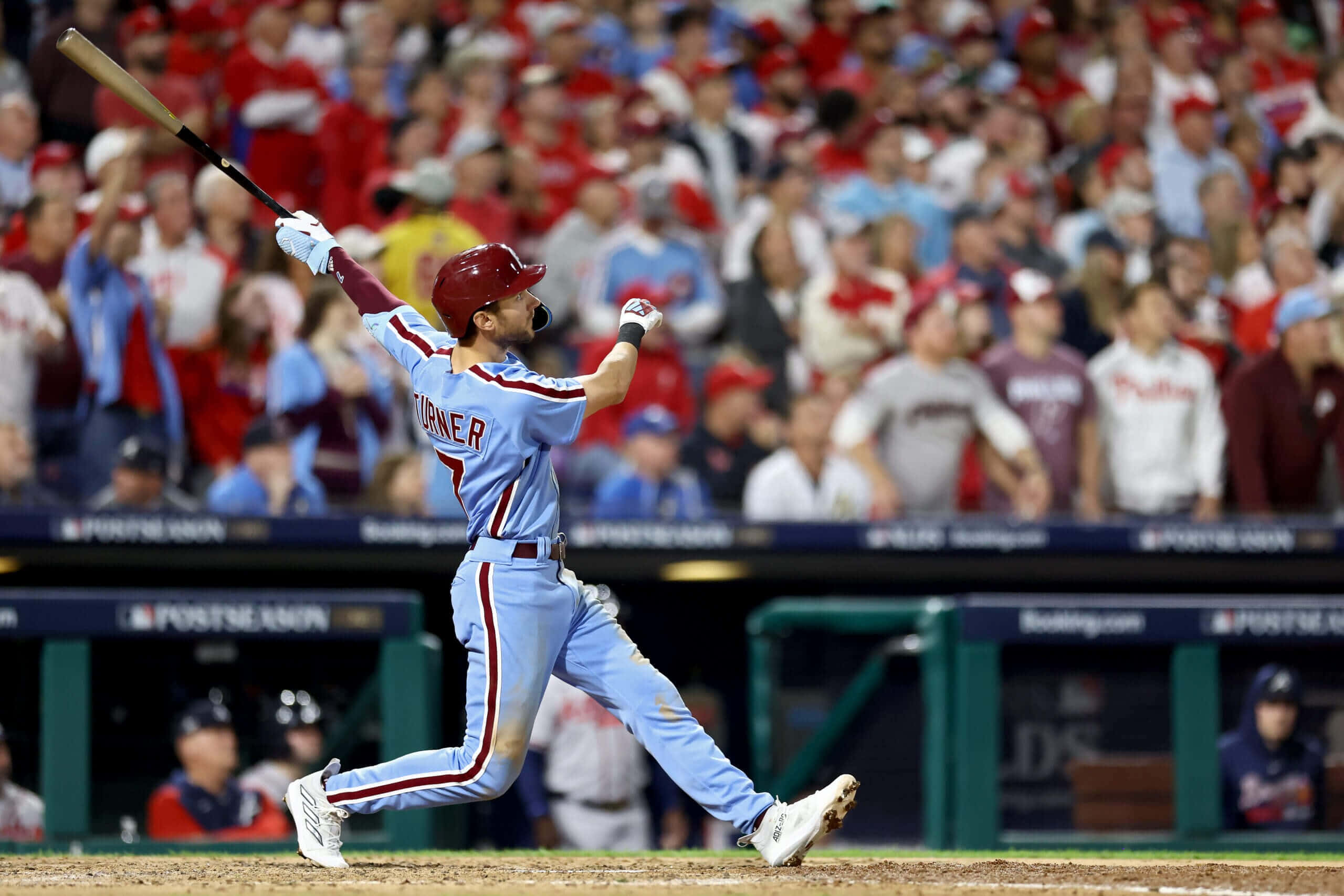 Trea Turner, light blue uniform, swinging bat, 2K Desktop Wallpaper