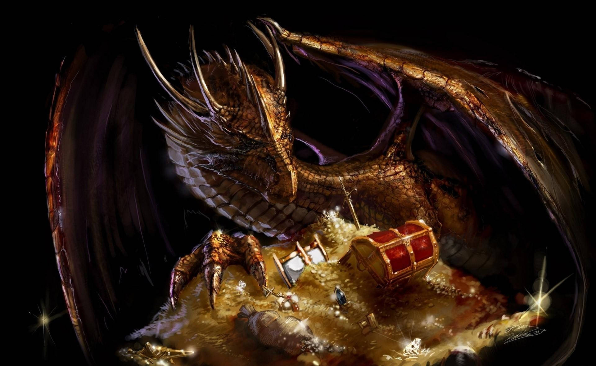 golden dragon, purple wings, treasure hoard, Full HD Desktop Wallpaper