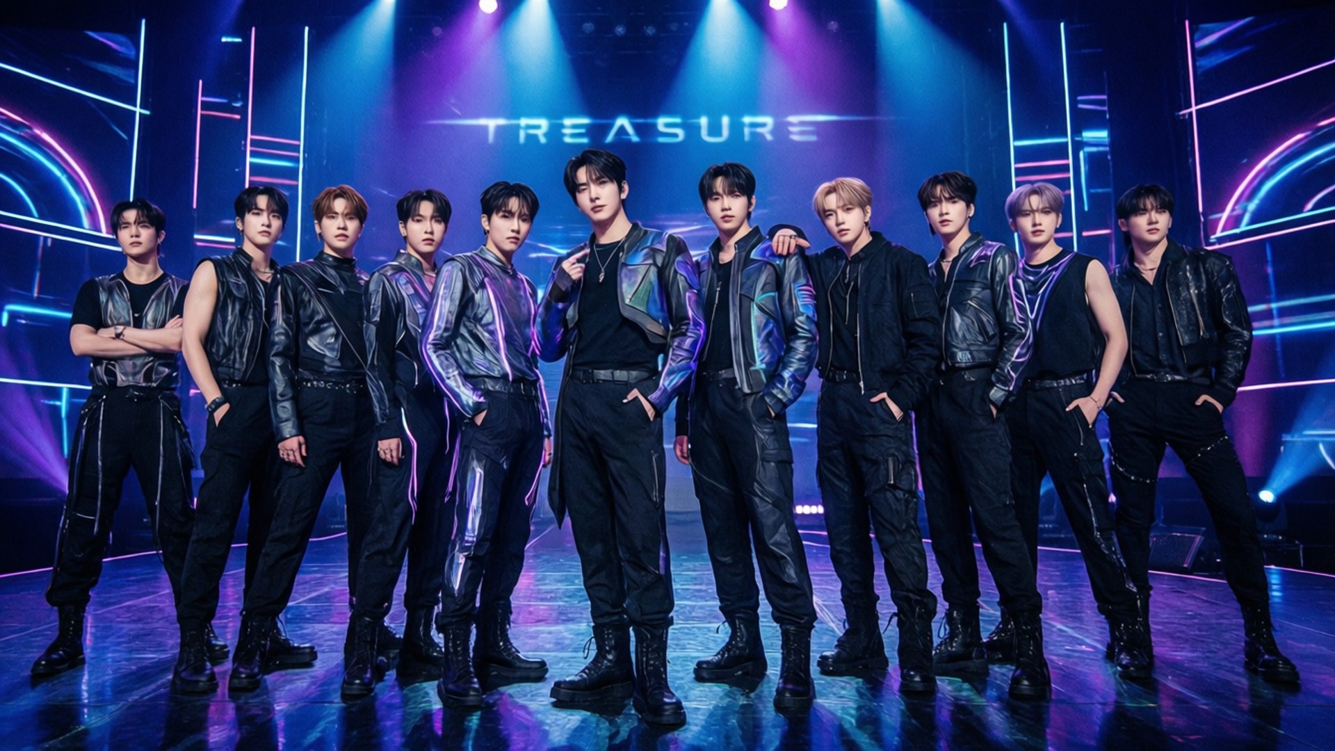 TREASURE, neon stage lights, black leather outfits, Full HD Desktop Wallpaper