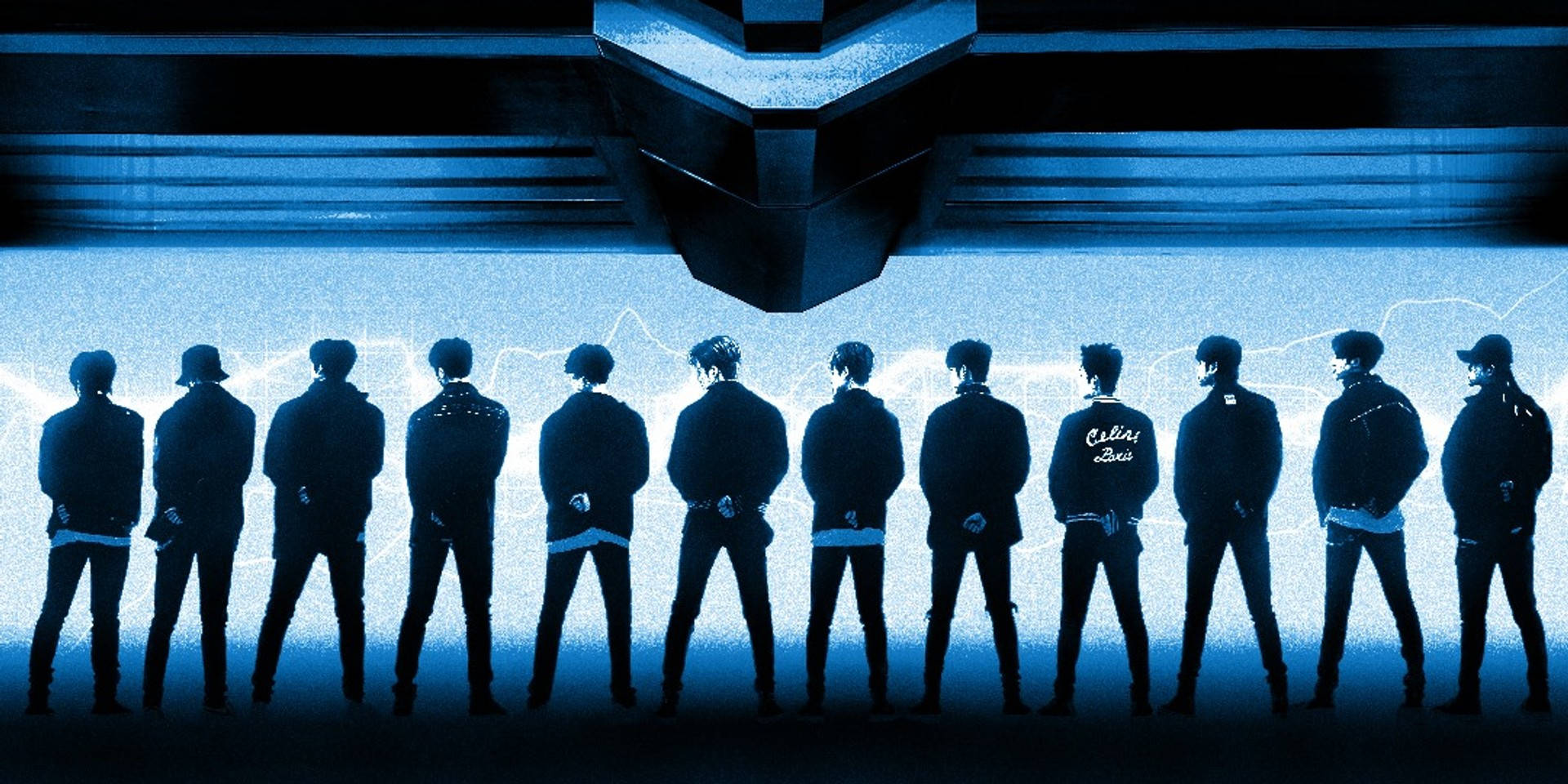 Treasure, glowing blue futuristic structure, silhouetted group of men, Full HD Desktop Wallpaper