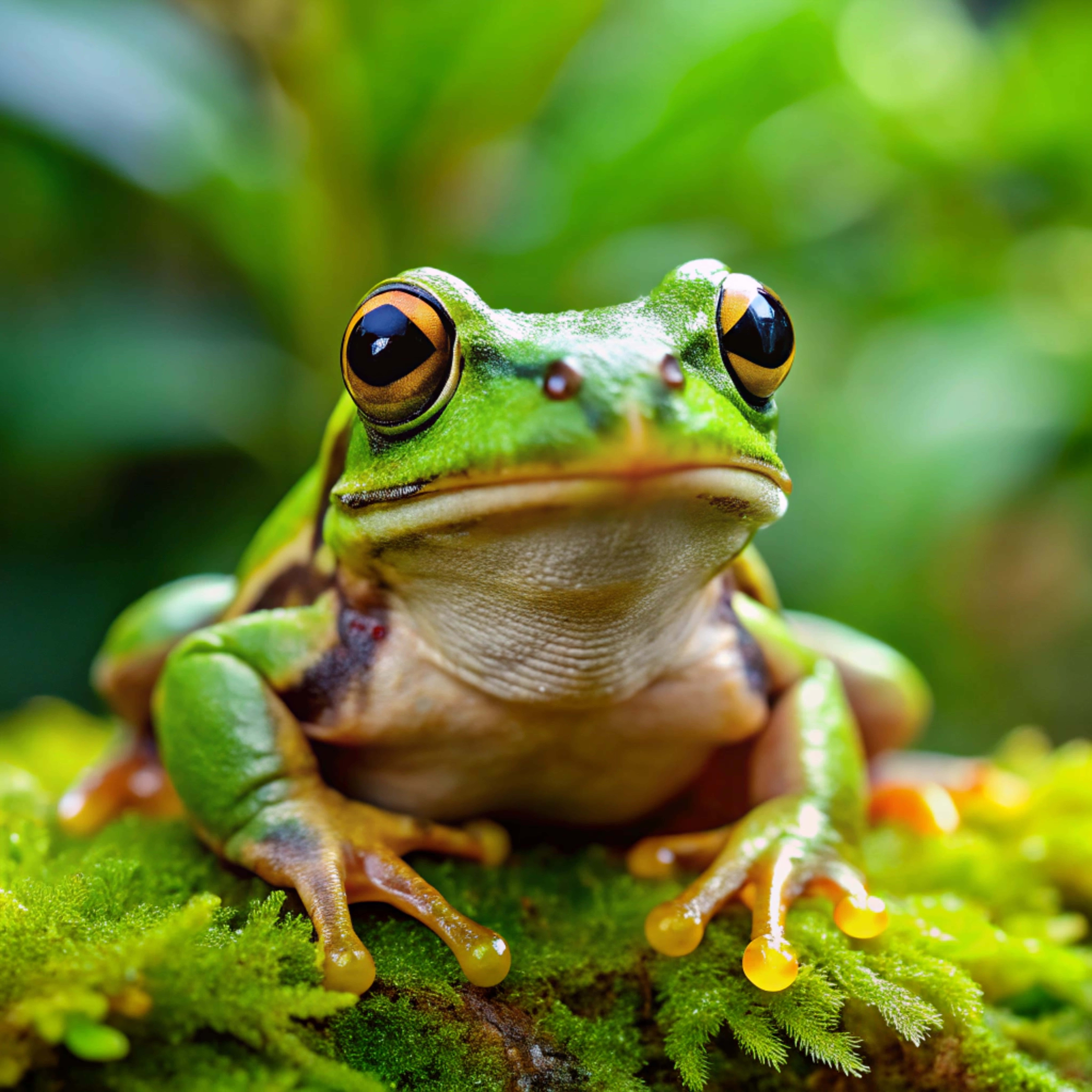 vibrant green tree frog, striking orange eyes, lush moss, 8K Desktop Wallpaper