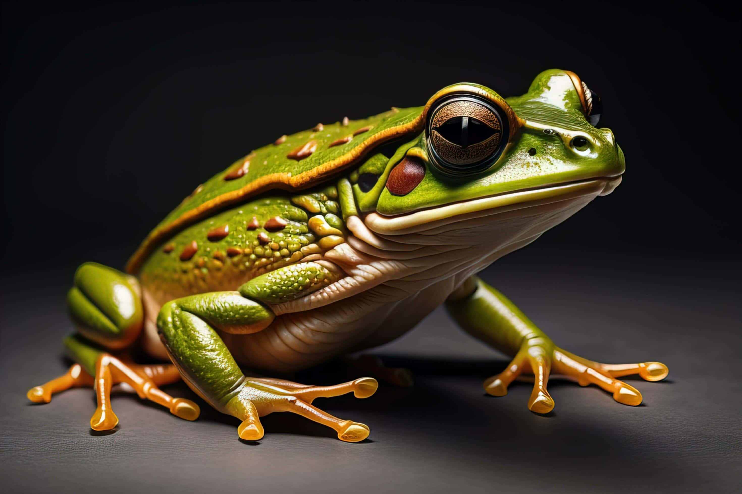 vibrant green tree frog, glossy green, orange accents, 2K Desktop Wallpaper