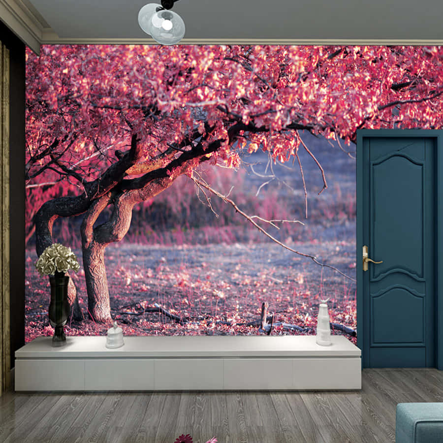 cherry blossom tree mural, vivid pink, dark teal door, SD Desktop Wallpaper