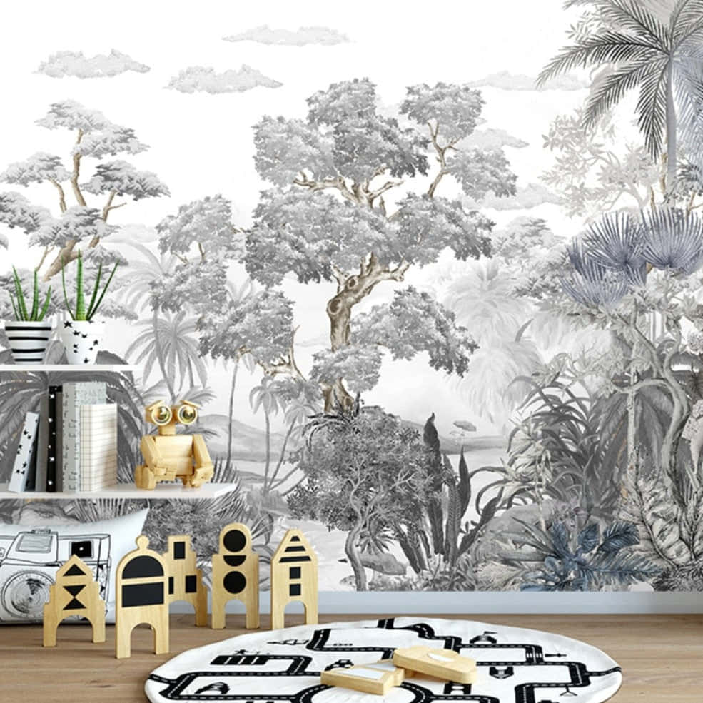 elegant tree mural, monochrome jungle, palm trees, SD Desktop Wallpaper