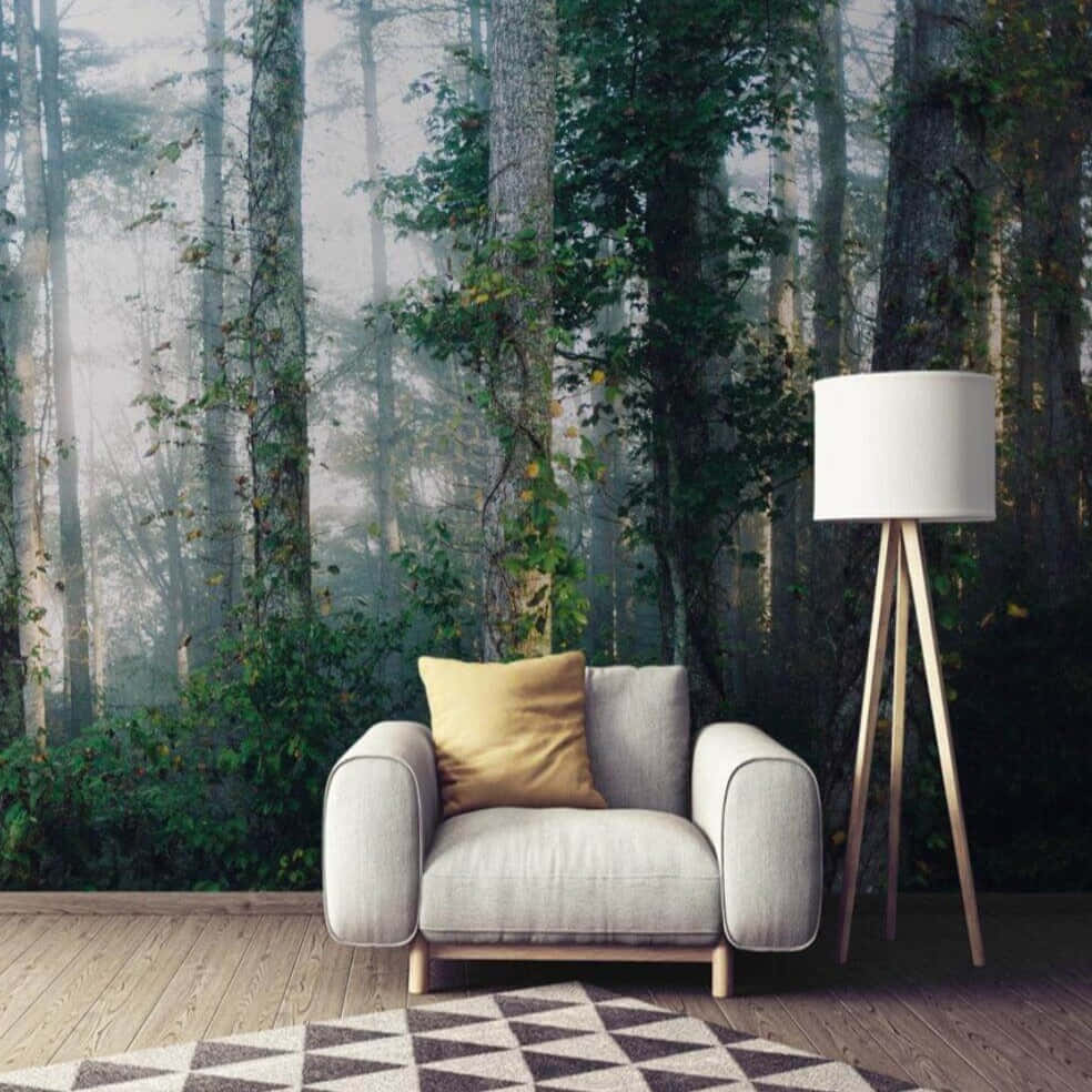 forest wallpaper, gray armchair, yellow pillow, SD Desktop Wallpaper
