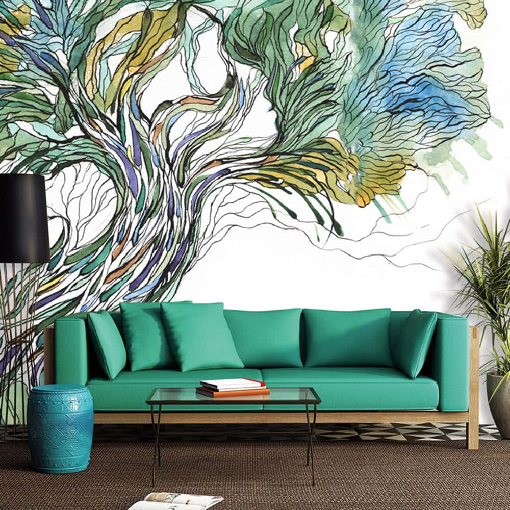 abstract tree mural, modern living room, teal sofa, SD Desktop Wallpaper
