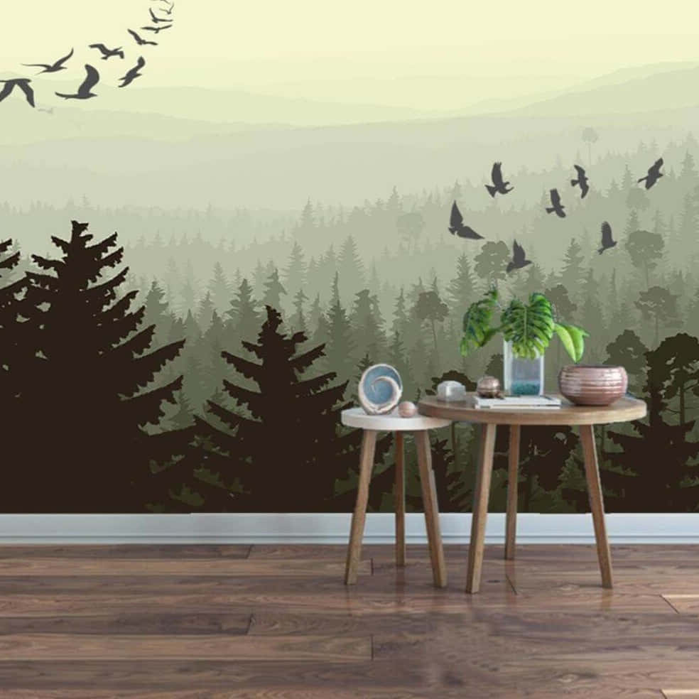 forest mural, misty mountains, flying birds, SD Desktop Wallpaper