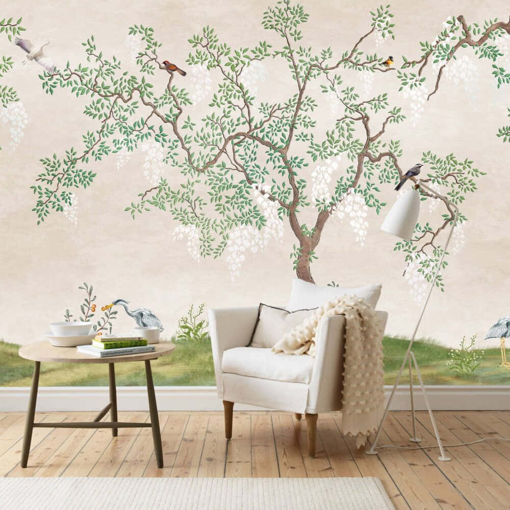 Tree Mural, blossoming tree, birds perched on branches, SD Desktop Wallpaper