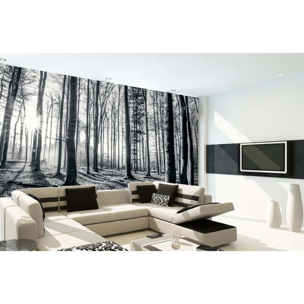 forest mural, modern living room, black and white forest mural, SD Desktop Wallpaper