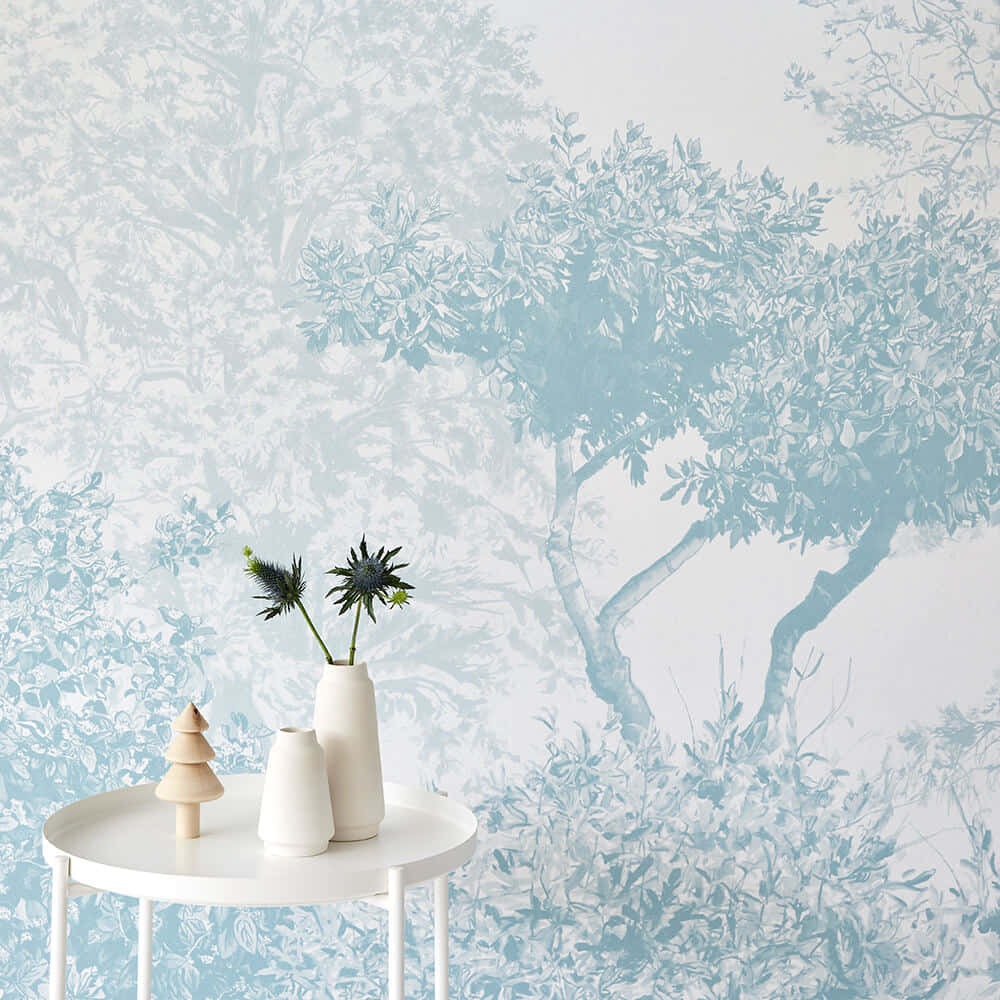 elegant tree mural, light blue botanical wallpaper, silhouetted trees and foliage, SD Desktop Wallpaper