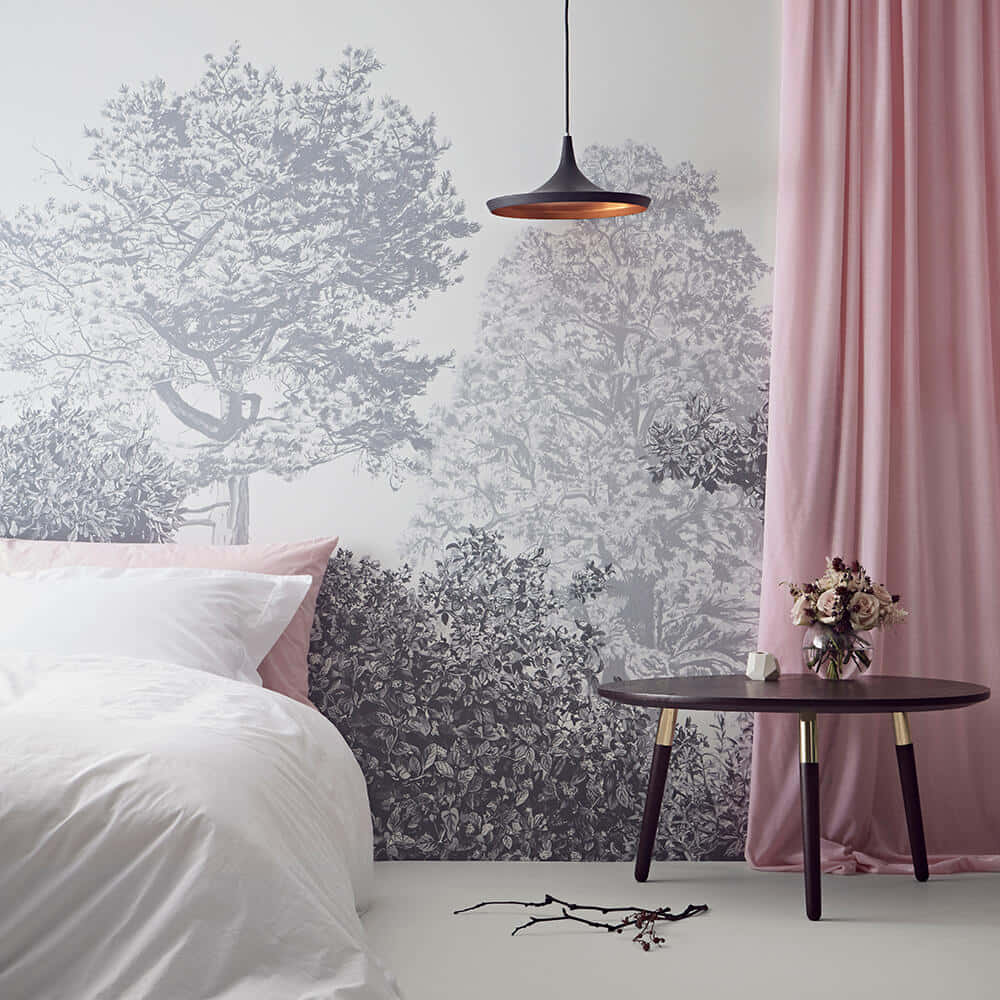 Elegant Tree Mural Bedroom Decor, gray botanical wallpaper, trees and foliage, SD Desktop Wallpaper