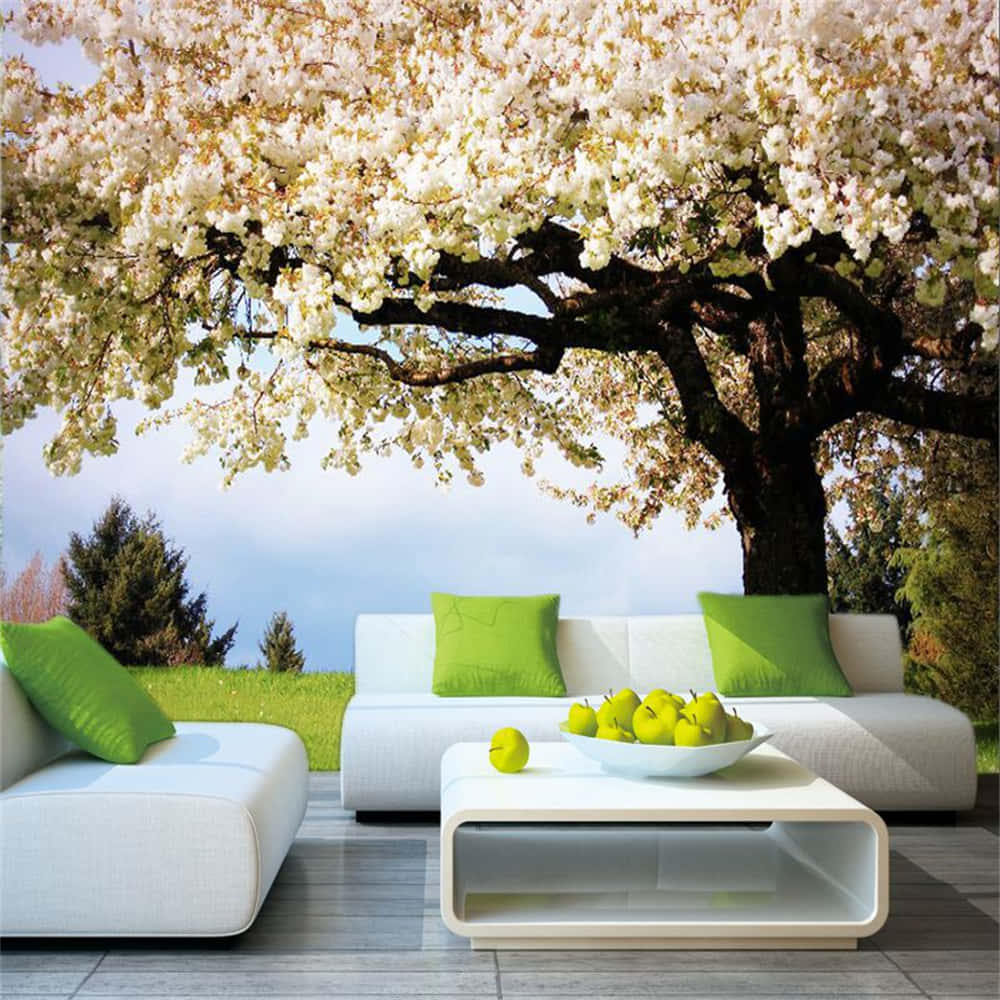 blossoming tree mural, white cherry tree, lime green pillows, SD Desktop Wallpaper