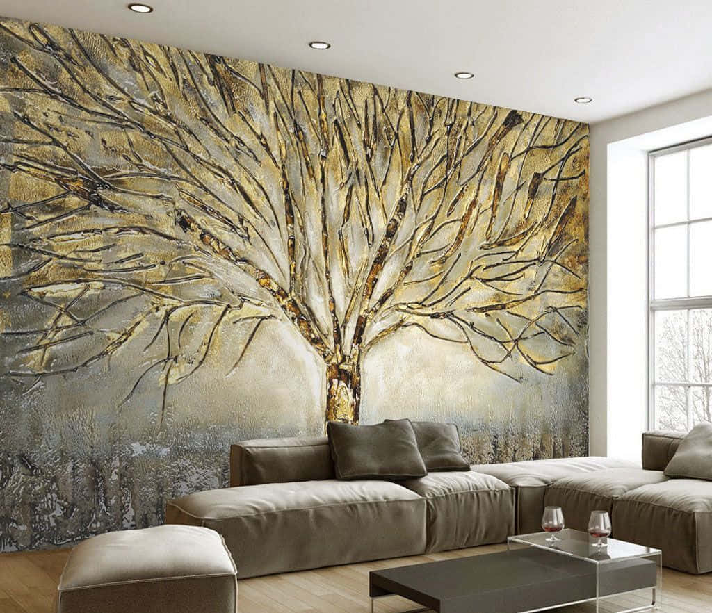 golden tree mural, living room, textured gold, SD Desktop Wallpaper