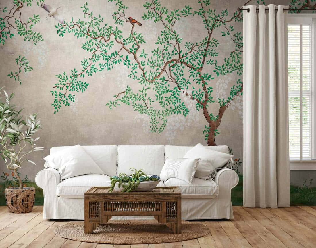 tree mural, white sofa, green leaves, SD Desktop Wallpaper