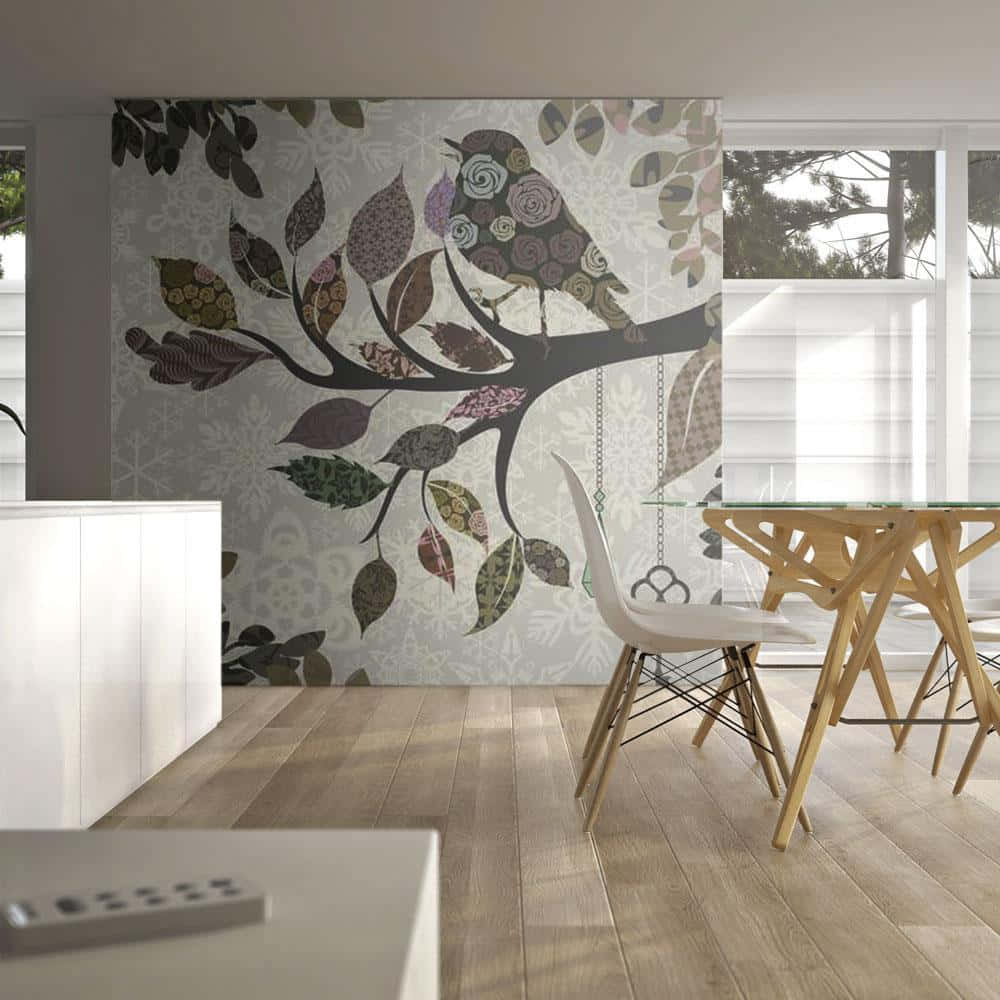 elegant tree mural, patterned leaves, bird, SD Desktop Wallpaper