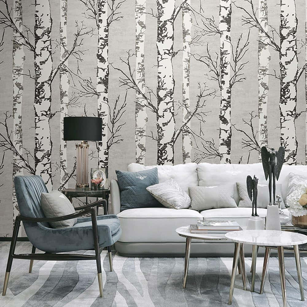 elegant birch tree, living room, white sofa, SD Desktop Wallpaper