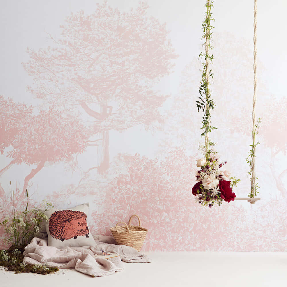 pastel tree mural, pink tree-patterned wallpaper, floral swing, SD Desktop Wallpaper