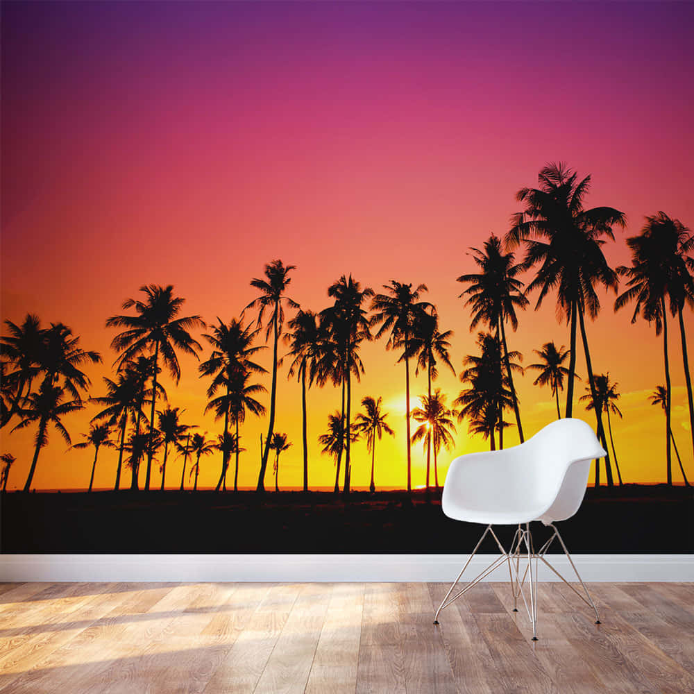 tropical sunset wall mural, palm trees, gradient sky, SD Desktop Wallpaper