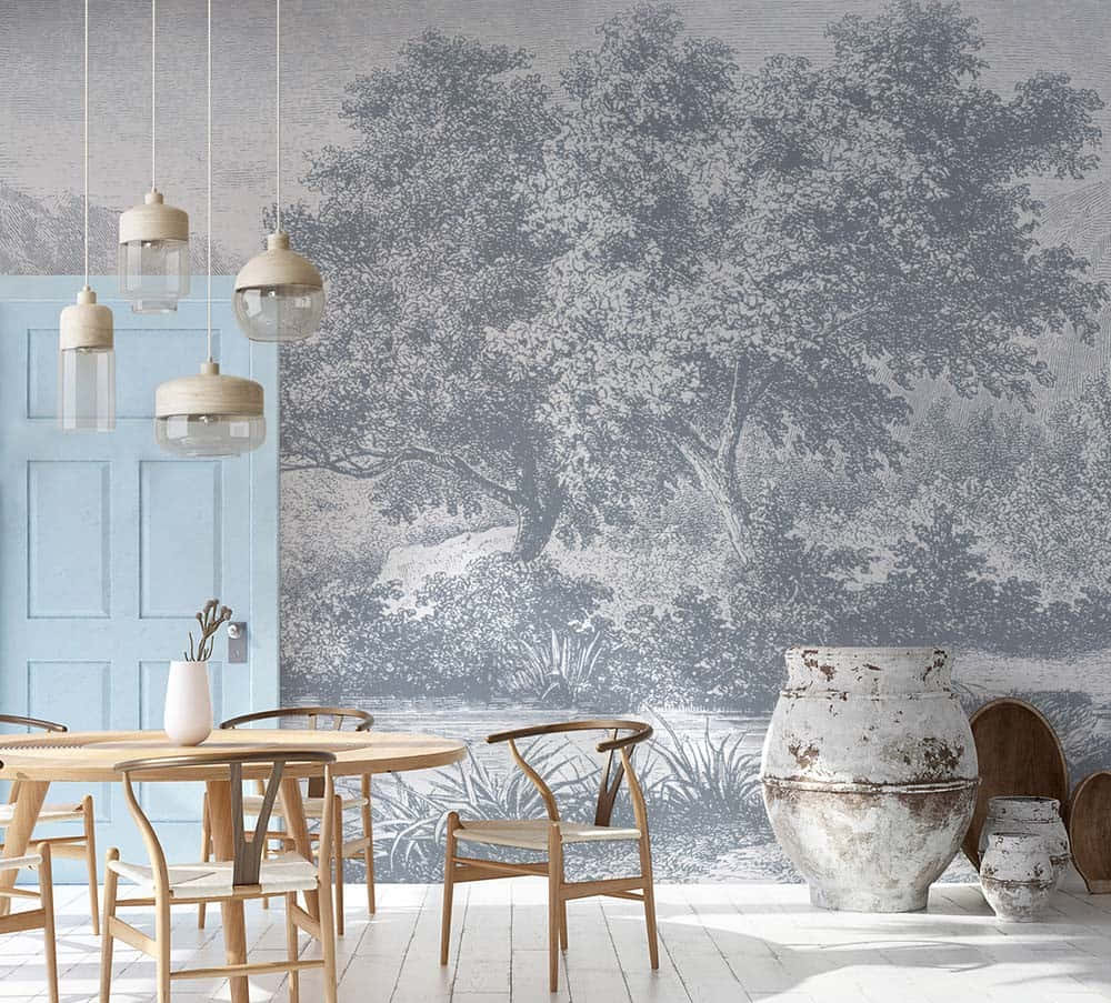 Elegant Tree Mural Dining Room Decor, gray tree wallpaper, wooden chairs, SD Desktop Wallpaper