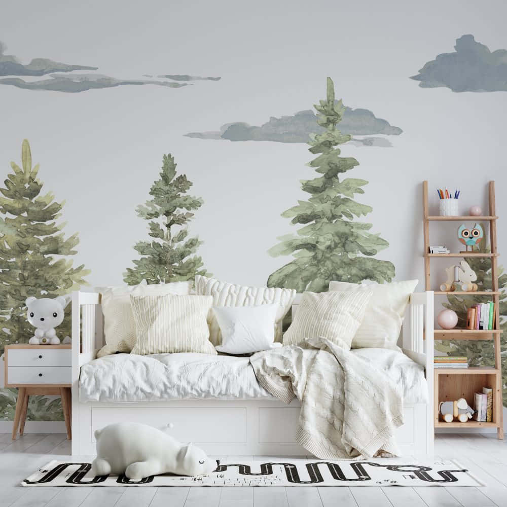 serene nursery room, tree mural, white daybed, SD Desktop Wallpaper