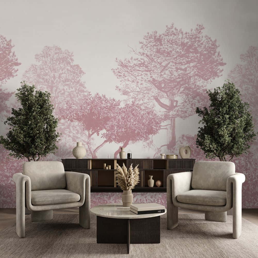 elegant tree mural, beige armchairs, marble coffee table, SD Desktop Wallpaper