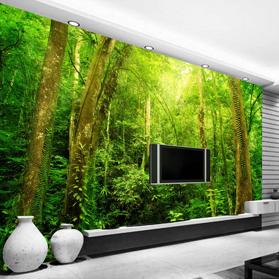 Forest Mural, modern living room, vibrant green jungle forest wallpaper, SD Desktop Wallpaper