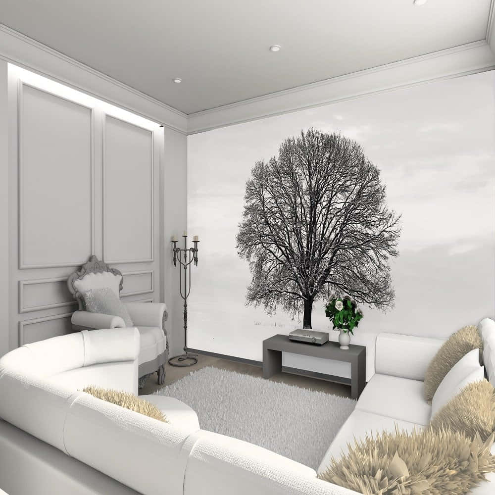 monochrome living room, tree mural, bare winter tree, SD Desktop Wallpaper