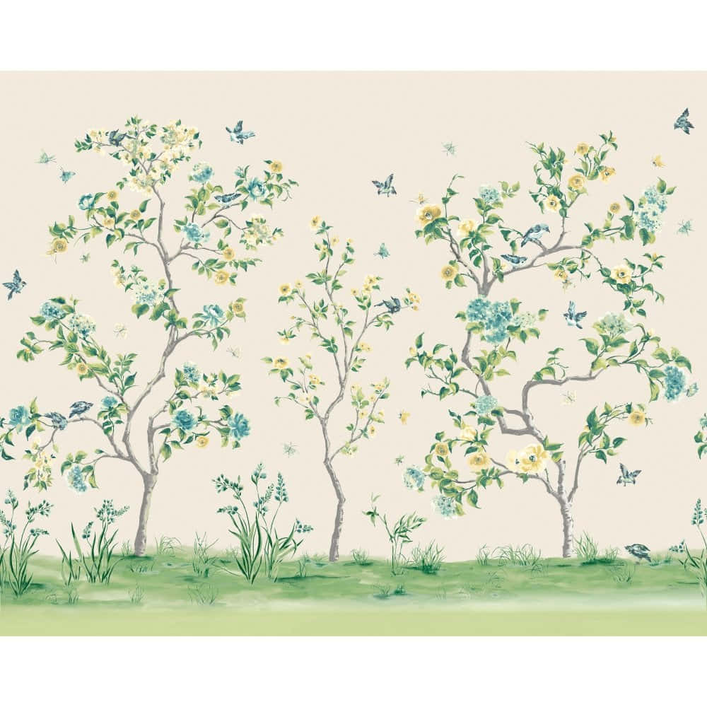 pastoral tree mural, blue and yellow blossoms, fluttering birds, SD Desktop Wallpaper